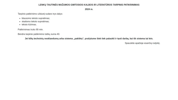 2024 m. lenkų tautinės mažumos gimtosios kalbos ir literatūros tarpinis patikrinimas