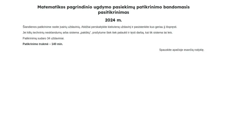 Matematikos pagrindinio ugdymo pasiekimų patikrinimo bandomasis pasitikrinimas. 2024 m.