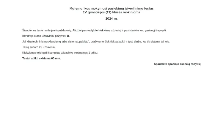 Matematikos mokymosi pasiekimų įsivertinimo testas IV gimnazijos (12) klasės mokiniams. 2024 m.